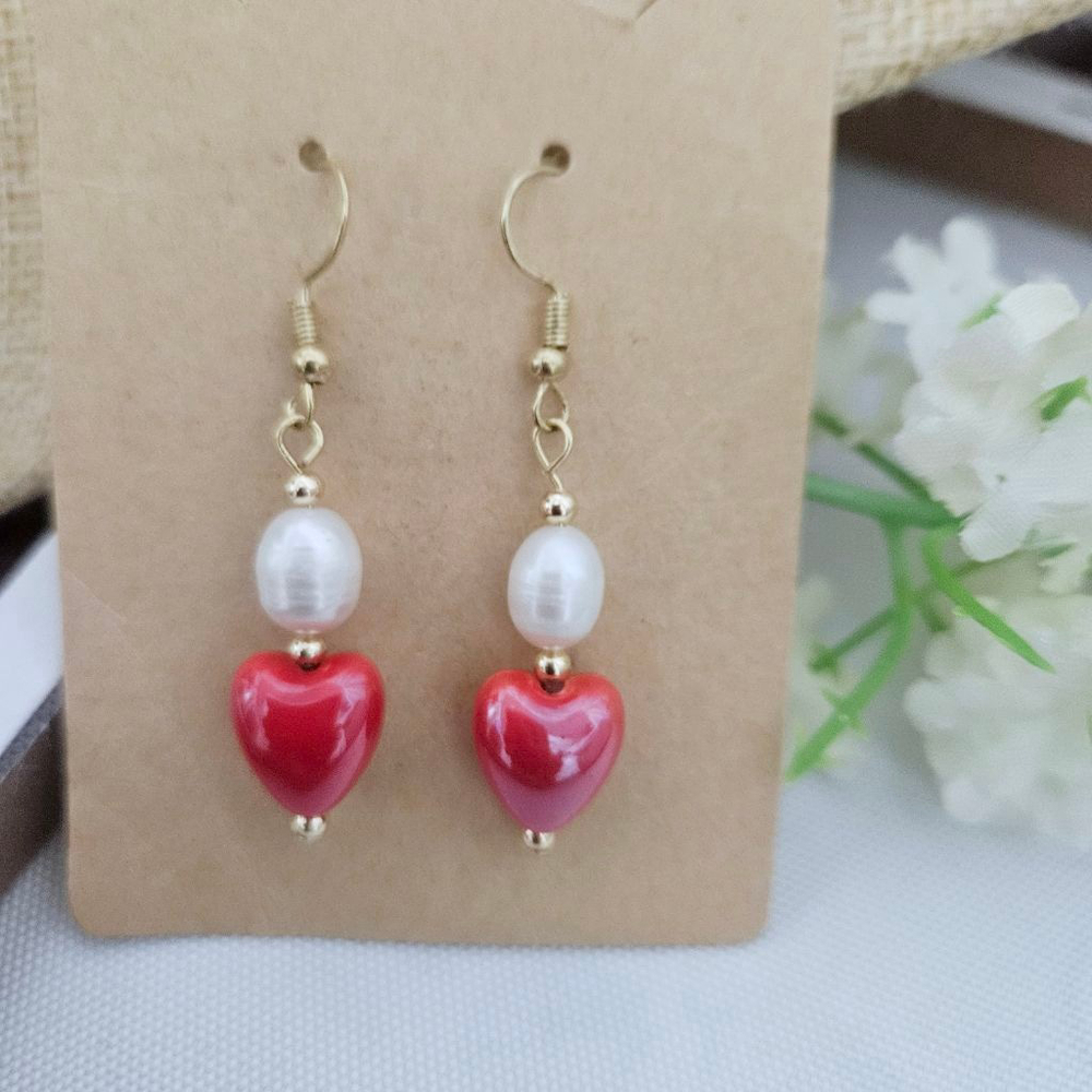 Ceramic Red Heart/Pearl Dangle Fashion Jewelry Earrings